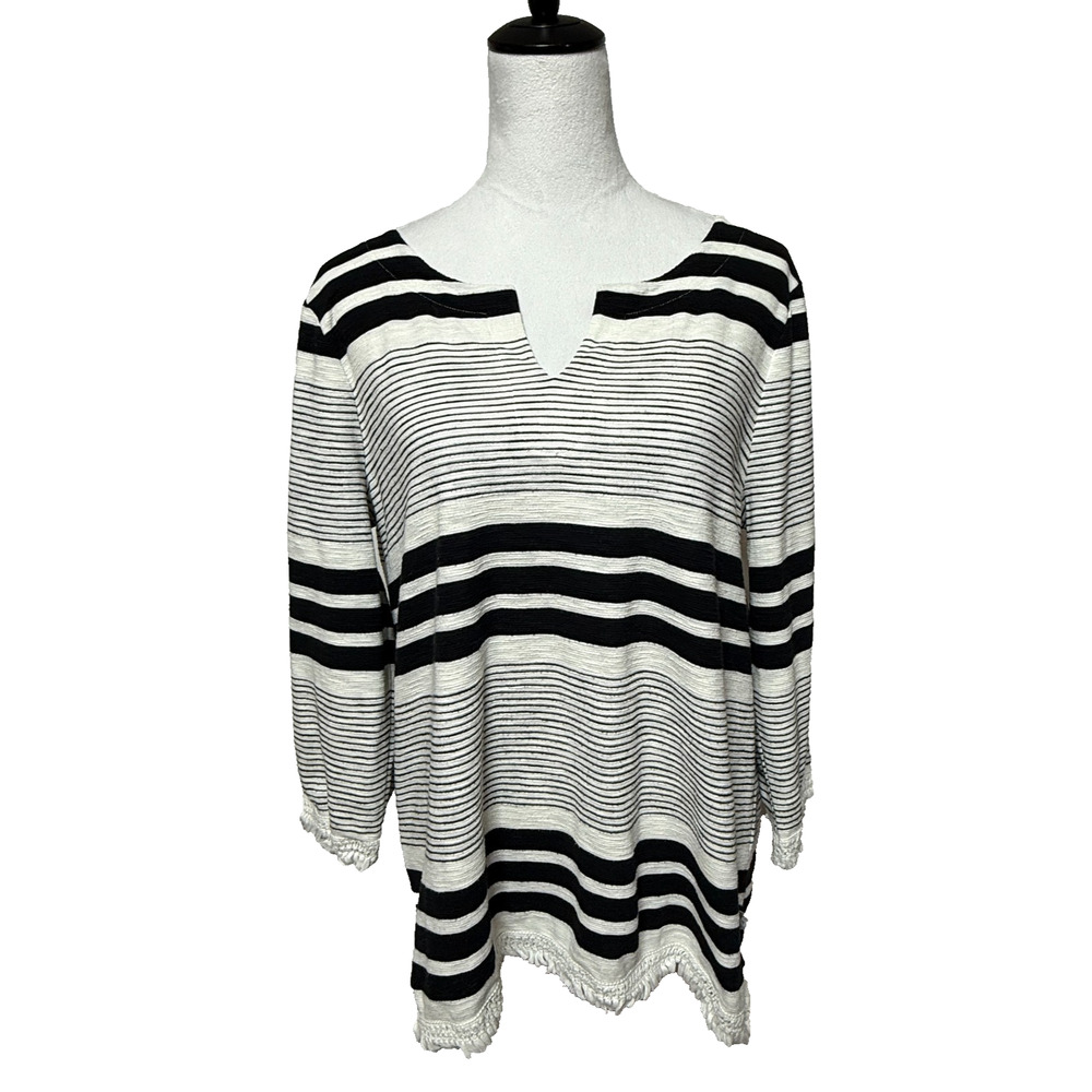 T by Talbots Top Womens‎ Large Black White Striped Fringe Trim Split V Neck Boho
